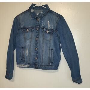 Rsq Denim Jean Jacket Women's S Distressed Medium Wash Blue Rips Trucker Pockets